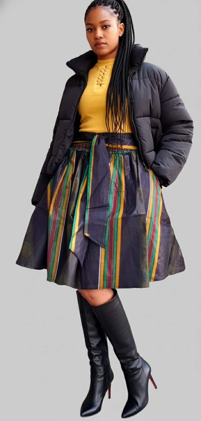 240 -D Mid Length Kente Skirt- Black/Striped