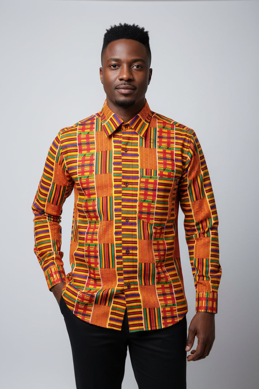 Men African Print Button Down Shirt/ Long Sleeve- Yellow Kente 65