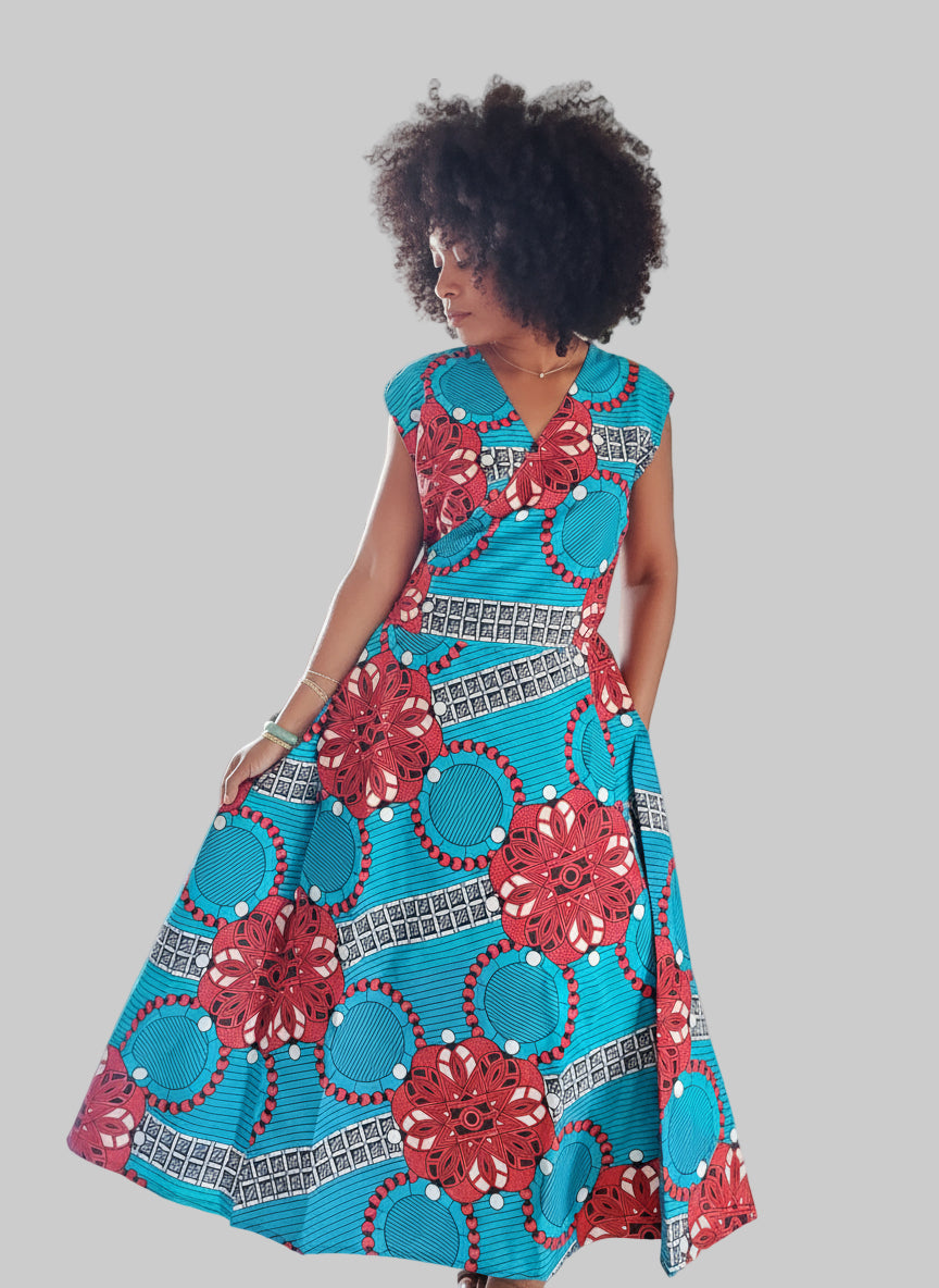 1045-Sleeveless Wrap Dress-Turquoise W