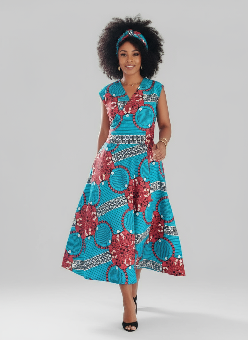 1045-Sleeveless Wrap Dress-Turquoise W