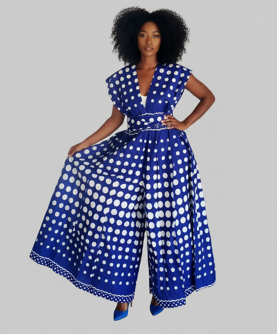 901 - Infinity Palazzo / Romper / Jumpsuit Royal Blue/ White Polkadot