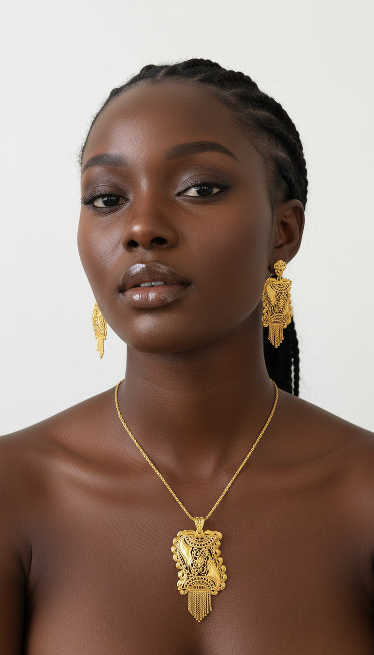Gold Chain Pendant Necklace and Earrings Set -10