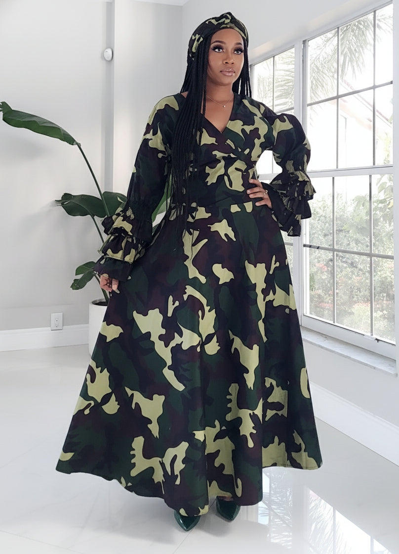 Woman's Long Wrap Dress- Camouflage- 70