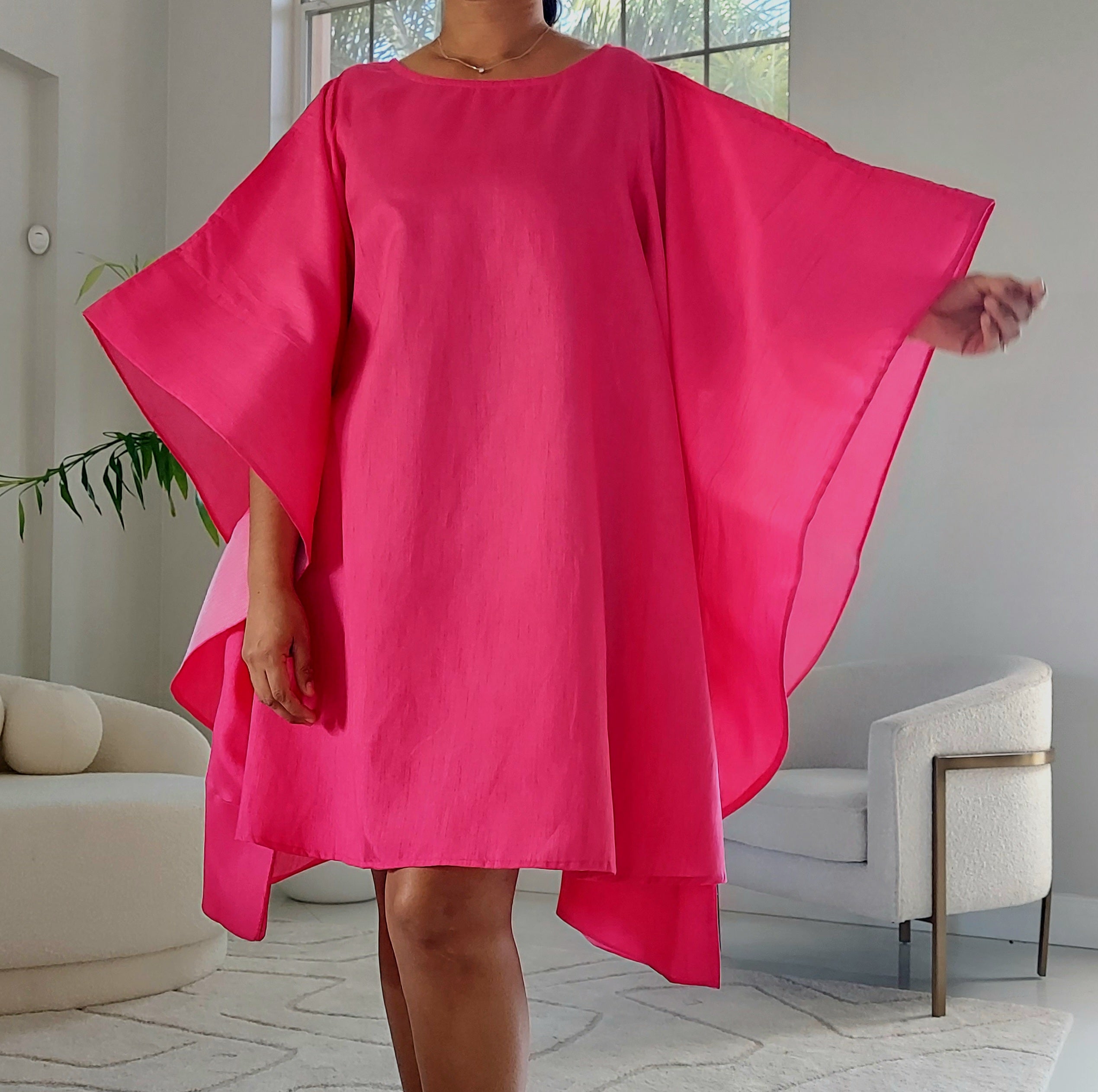 Wing Dress/Faux Silk/Poncho Dress/ Wing Sleeves-25032 Fuchsia