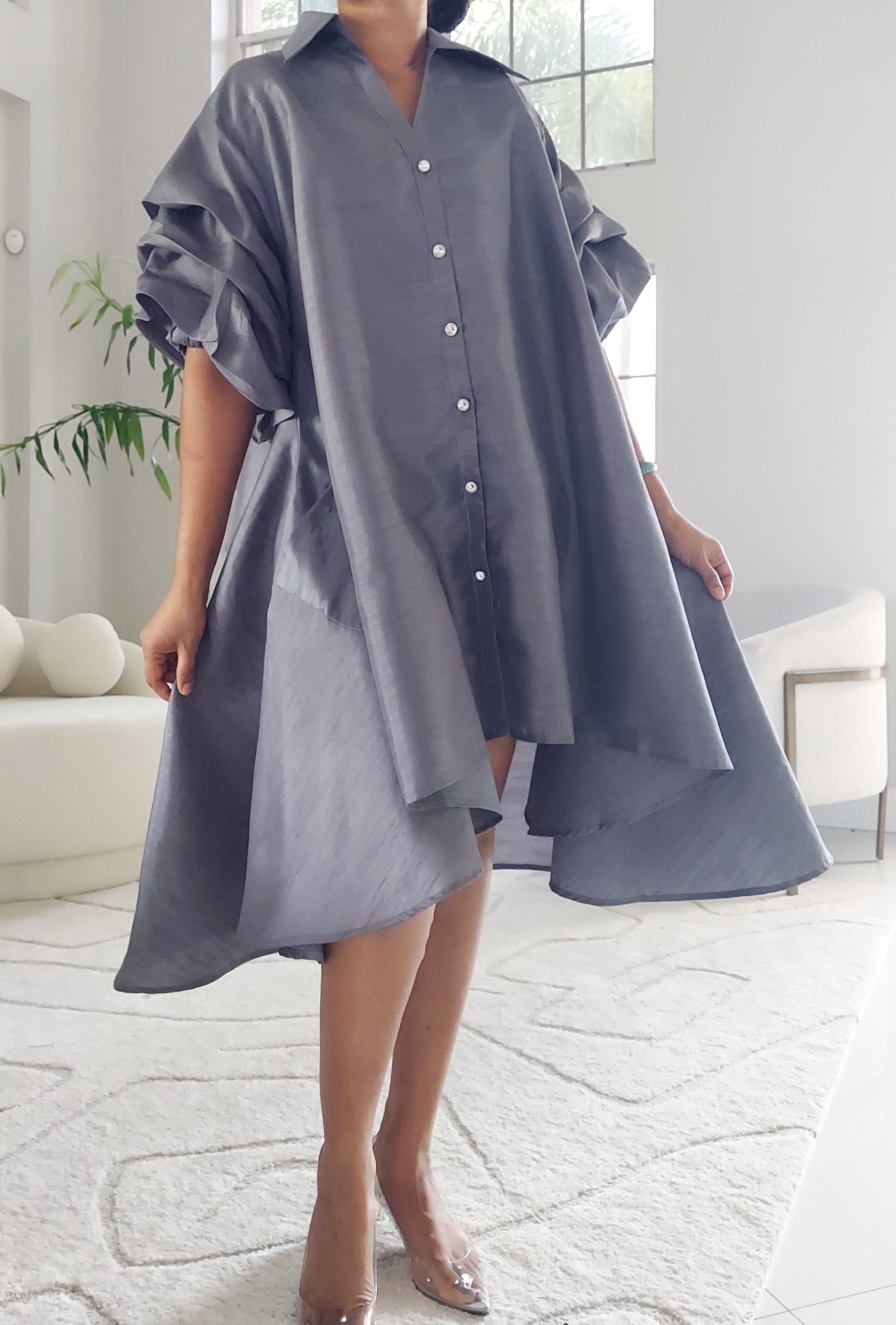 Swing Dress/ Faux Silk/ Ruffle Sleeve - 25013 Grey