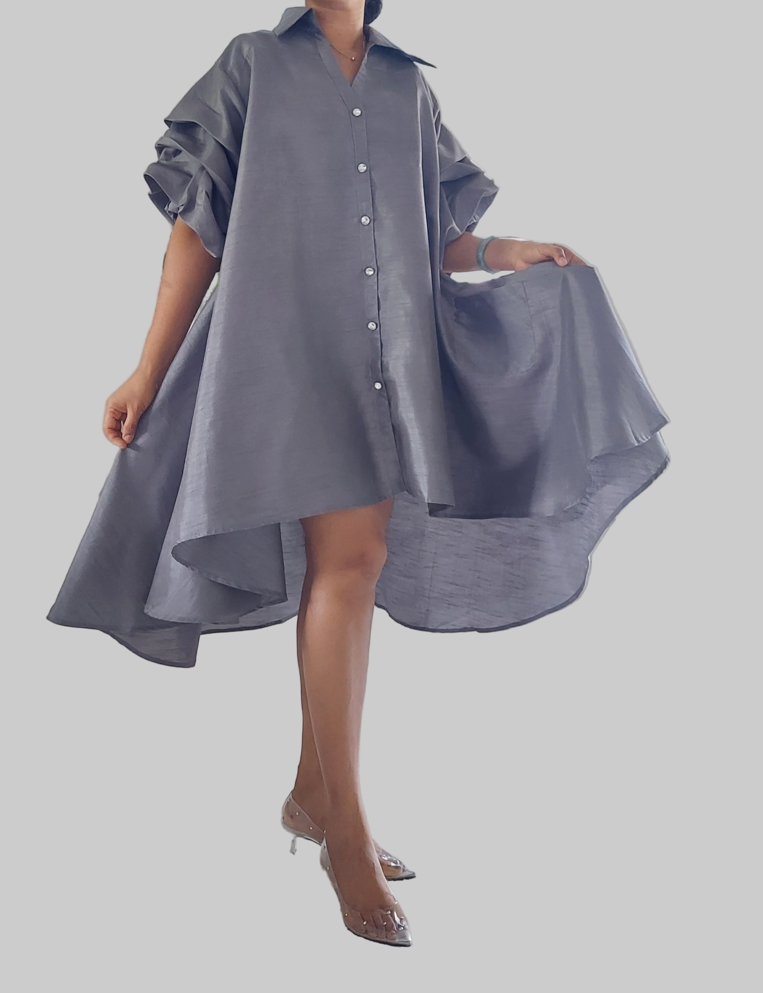 Swing Dress/ Faux Silk/ Ruffle Sleeve - 25013 Grey