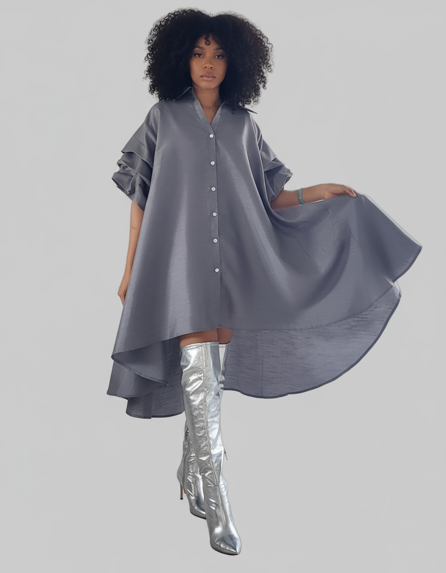 Swing Dress/ Faux Silk/ Ruffle Sleeve - 25013 Grey