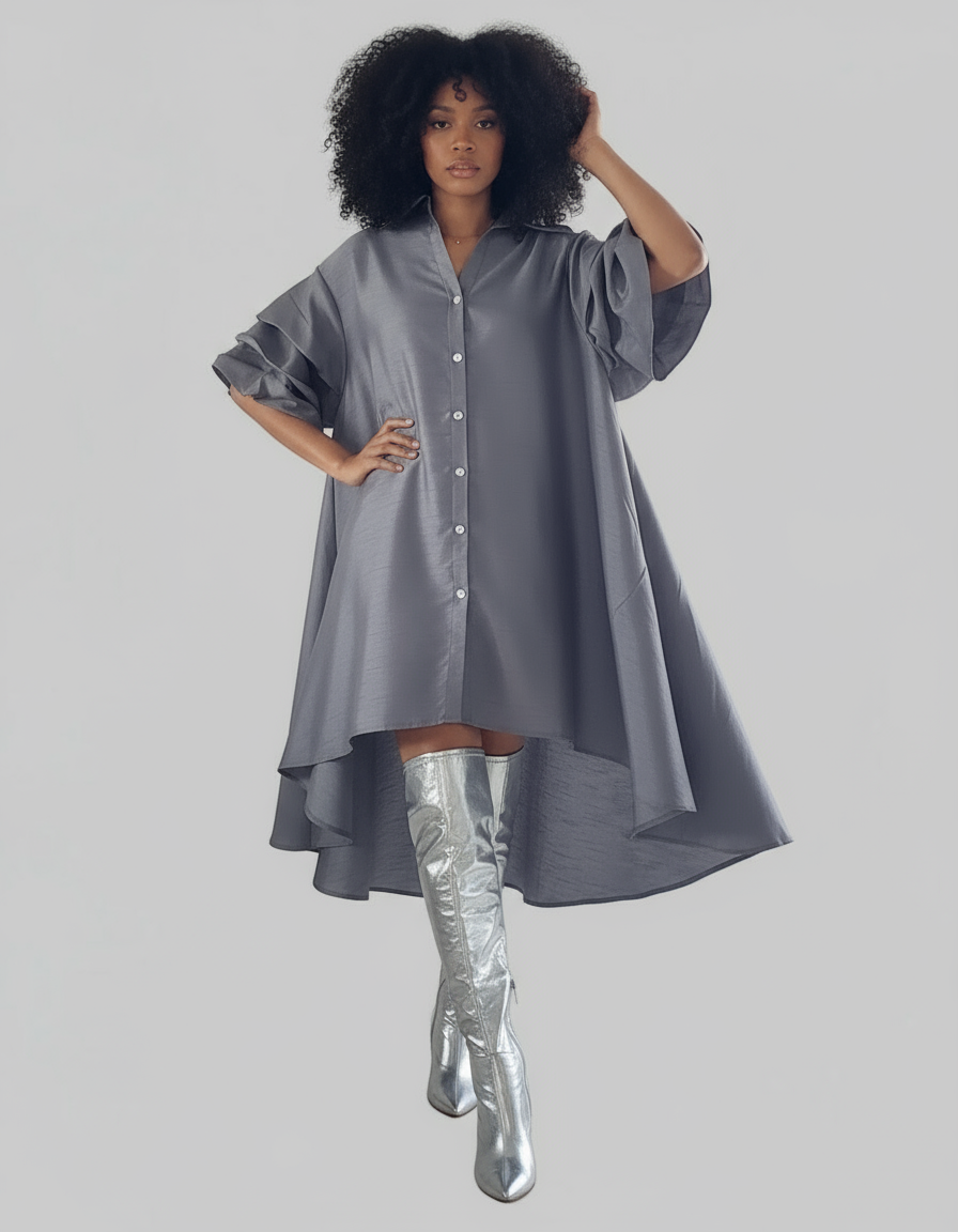 Swing Dress/ Faux Silk/ Ruffle Sleeve - 25013 Grey