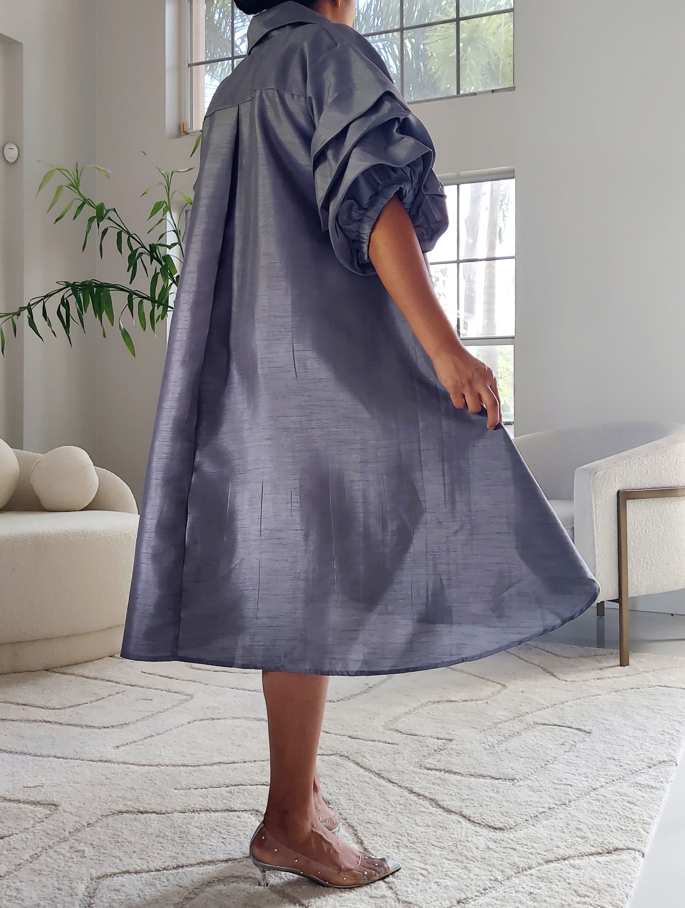 Swing Dress/ Faux Silk/ Ruffle Sleeve - 25013 Grey