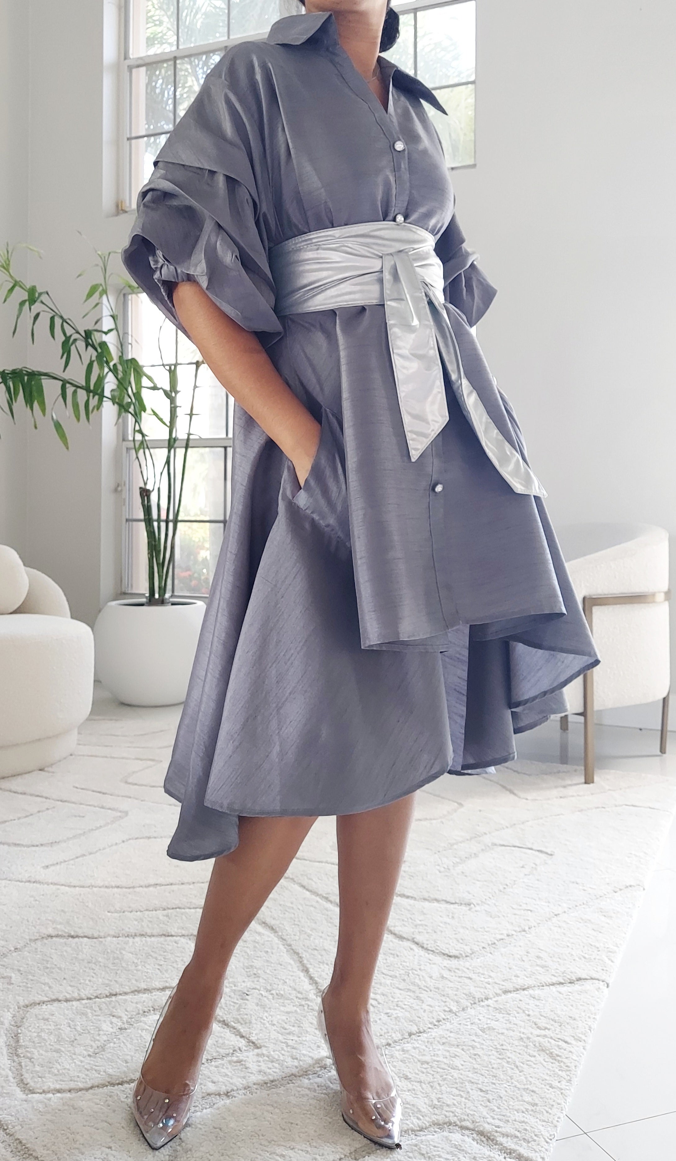 Swing Dress/ Faux Silk/ Ruffle Sleeve - 25013 Grey