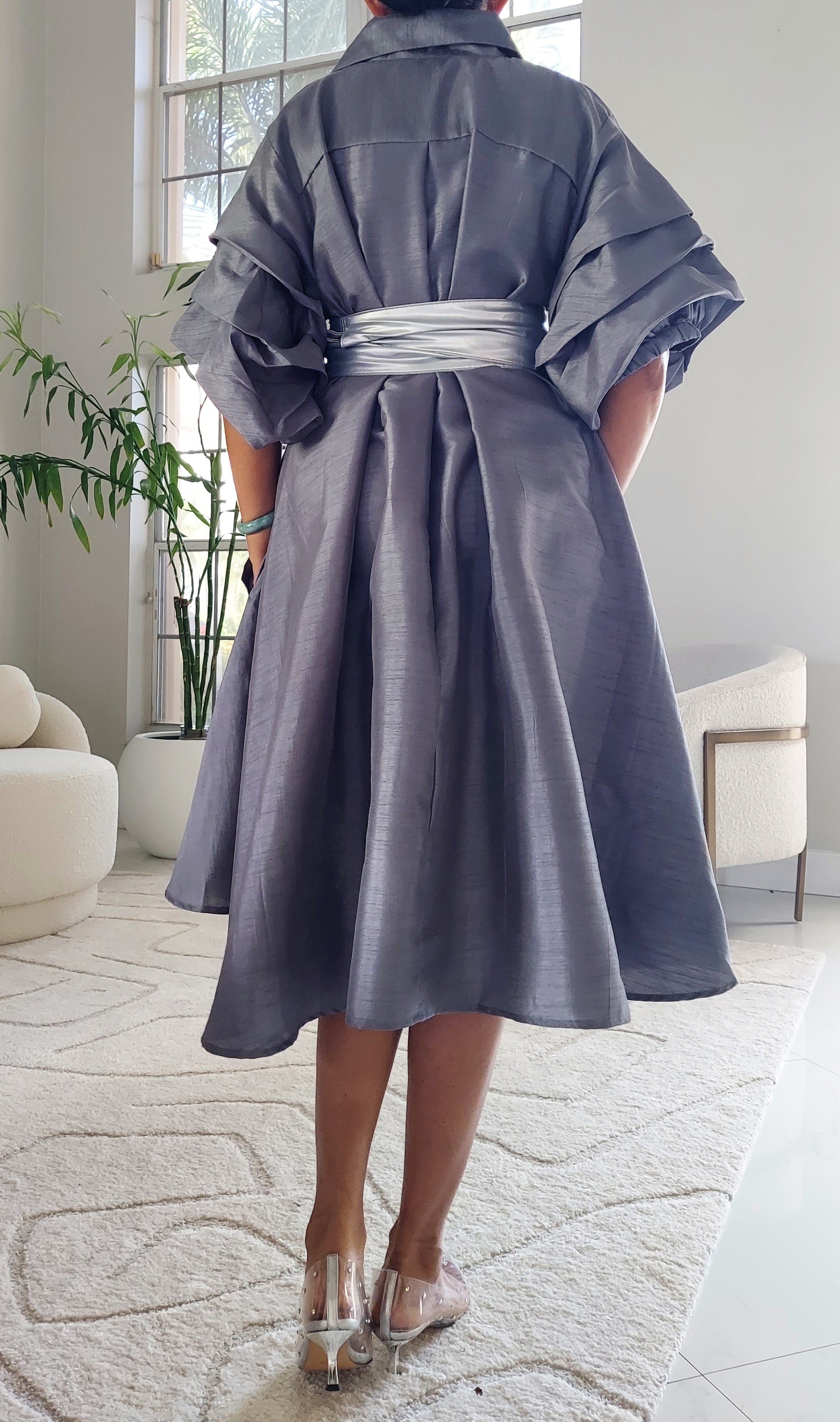 Swing Dress/ Faux Silk/ Ruffle Sleeve - 25013 Grey