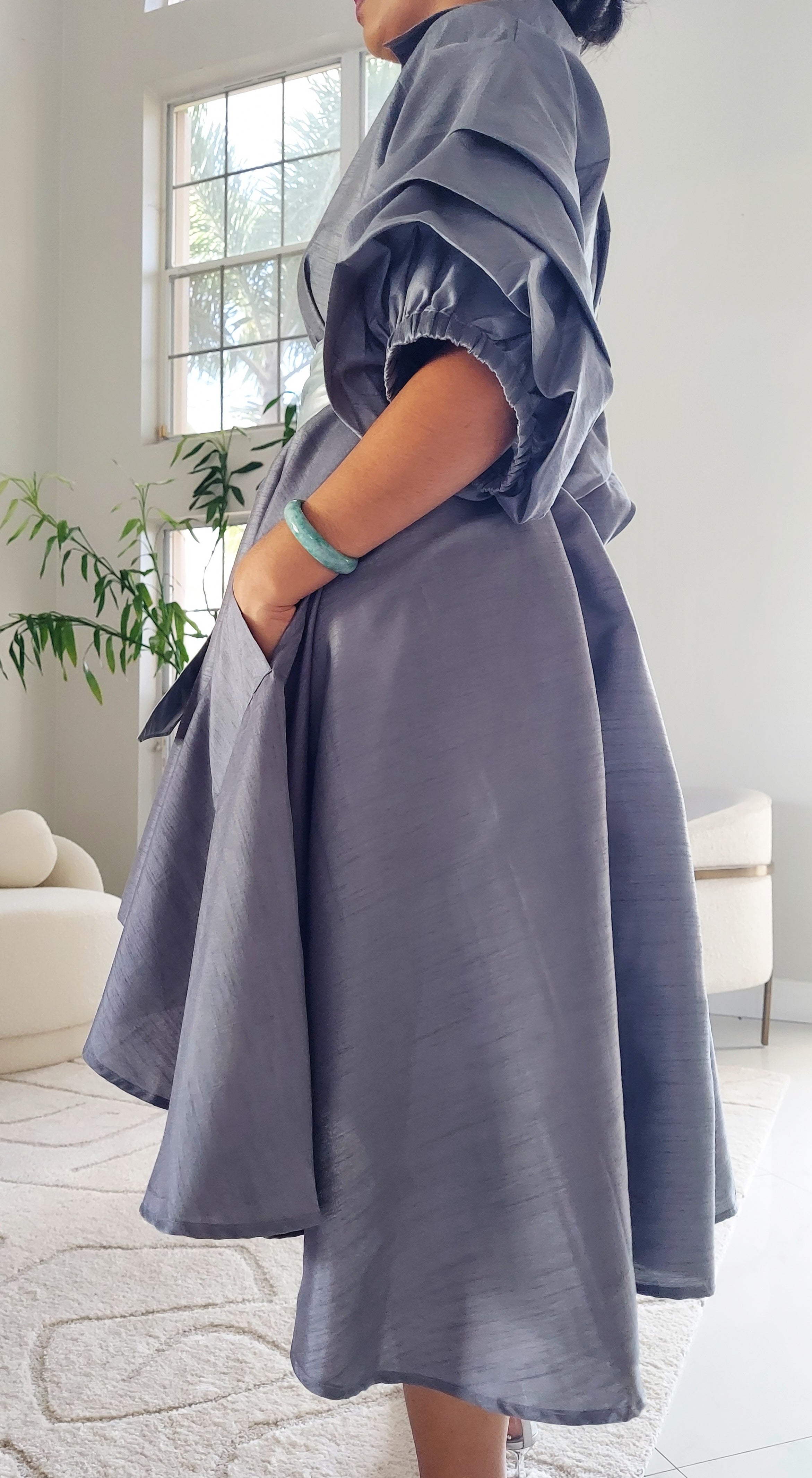 Swing Dress/ Faux Silk/ Ruffle Sleeve - 25013 Grey