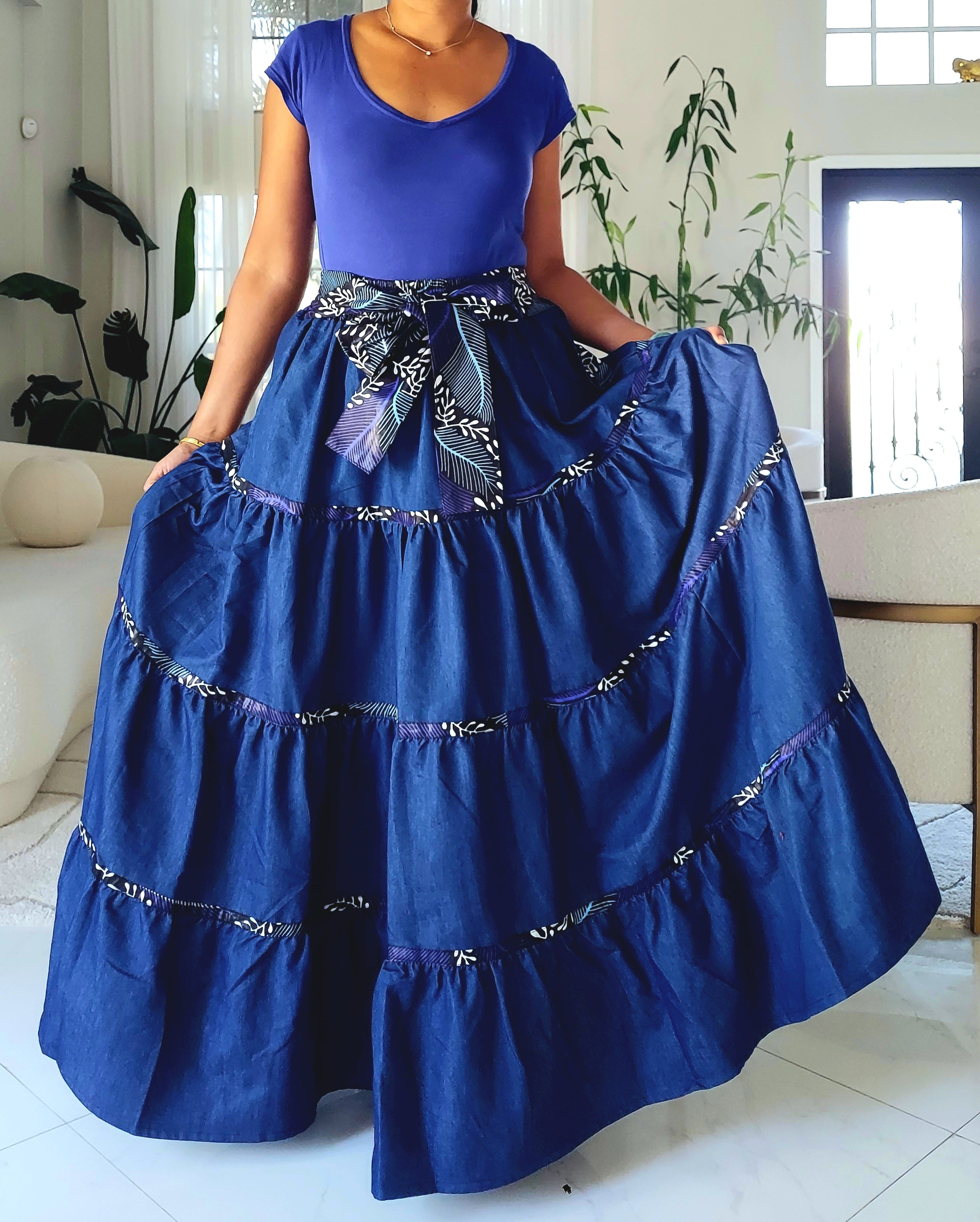 7003 Long Flared Tiered Skirt- Blue/Denim