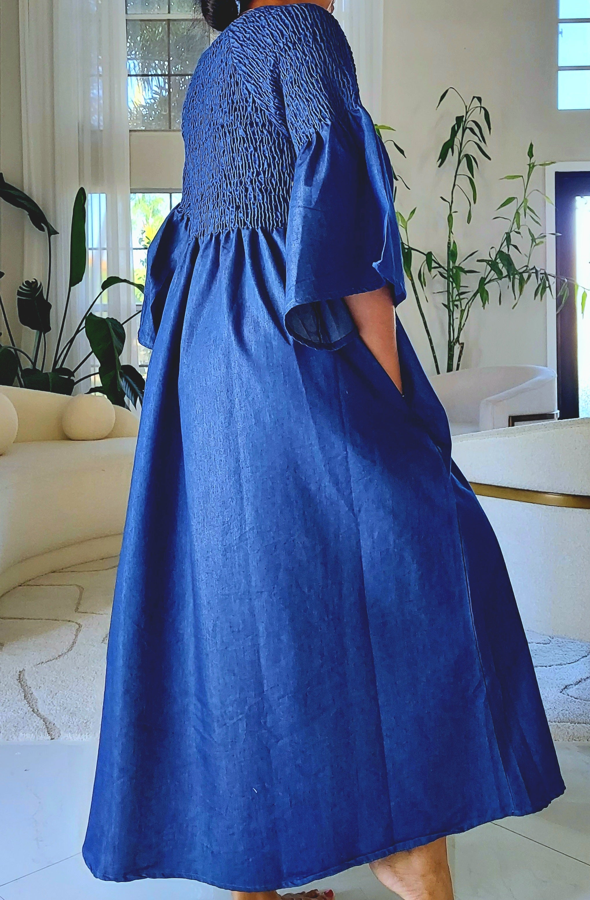 024- Women Long Denim Smocked Dress