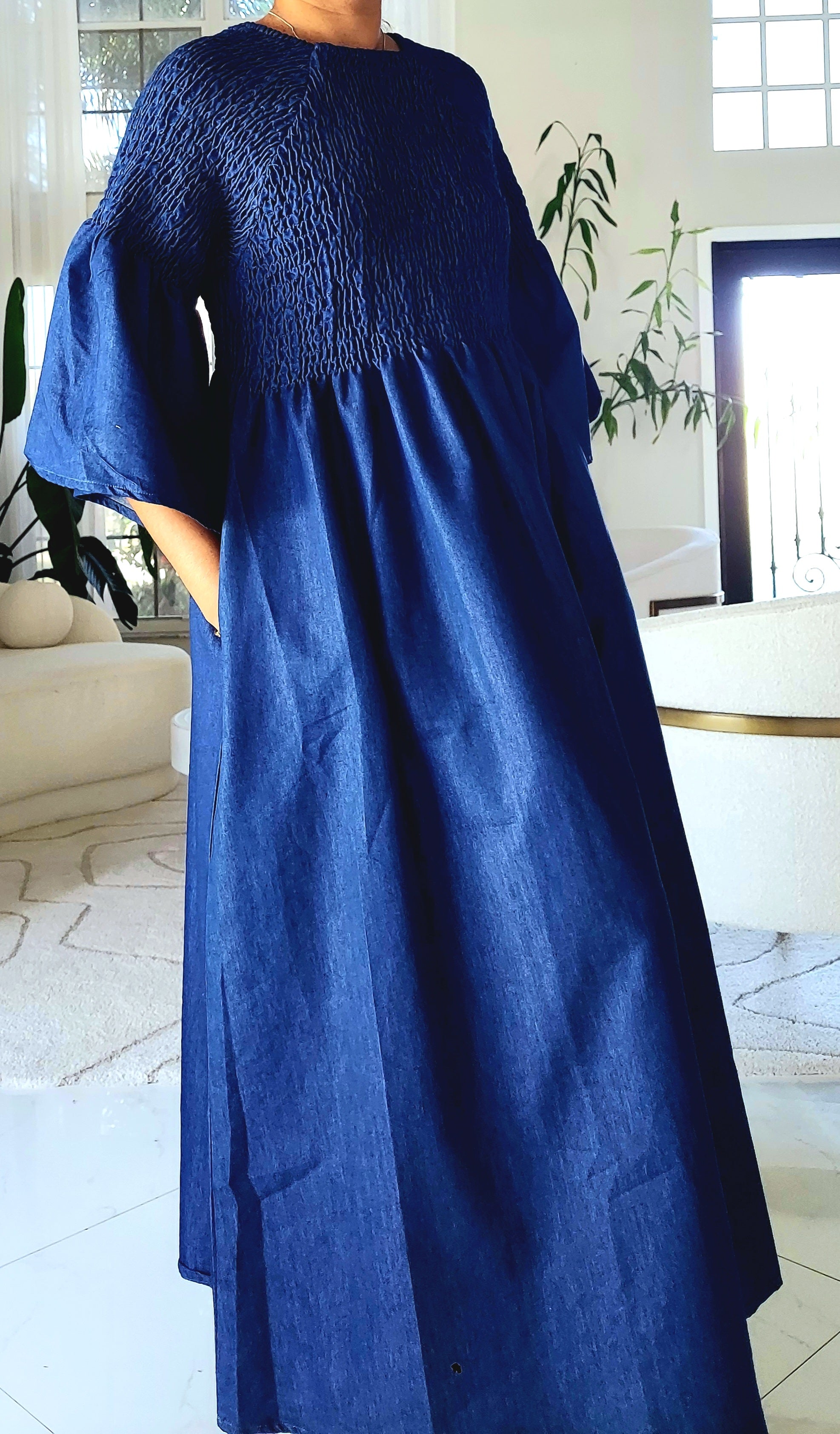 024- Women Long Denim Smocked Dress