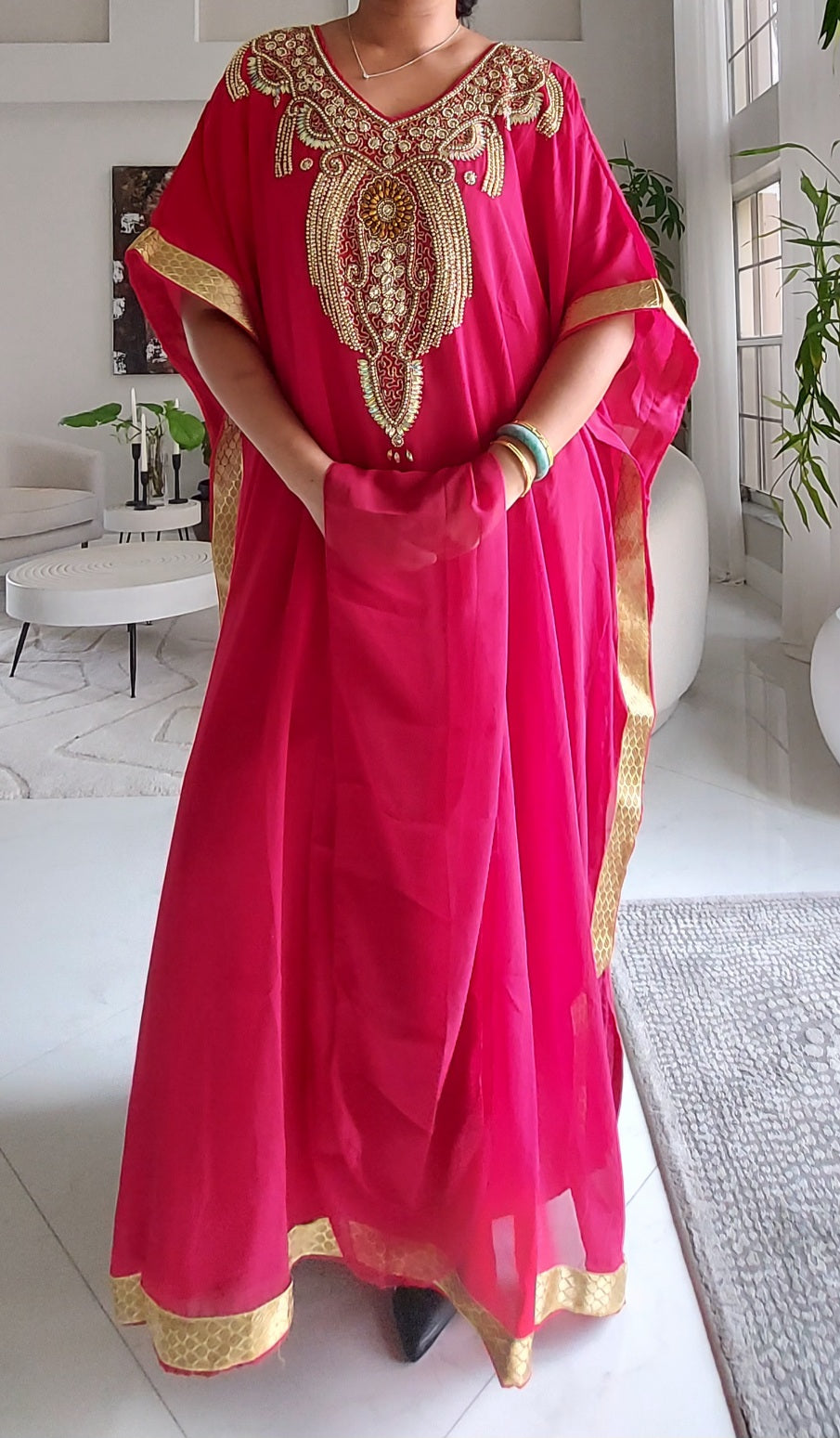 Beaded kaftan Dress With Gold Border - Rani India Batik Beaded kaftan Dress With Gold Border - Rani India Batik