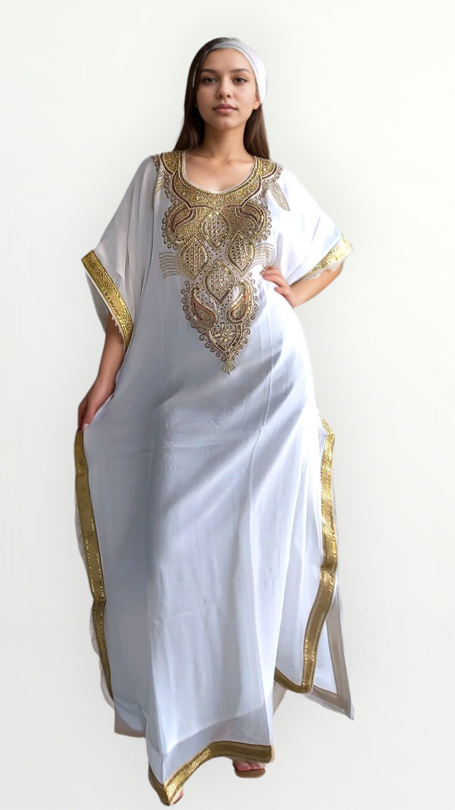 Beaded kaftan Dress With Gold Border -J101B
