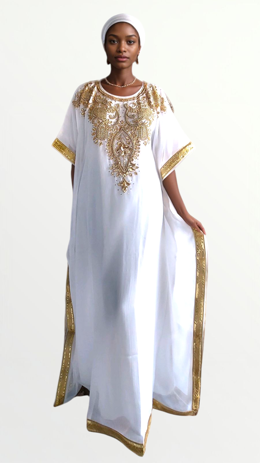 Beaded kaftan Dress With Gold Border -J101A