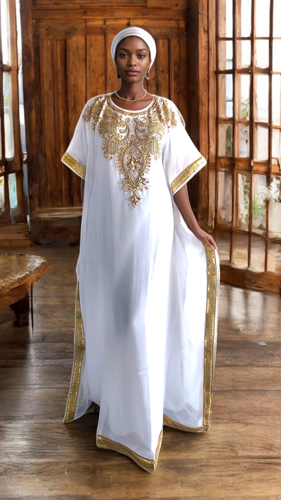 Beaded kaftan Dress With Gold Border -J101A