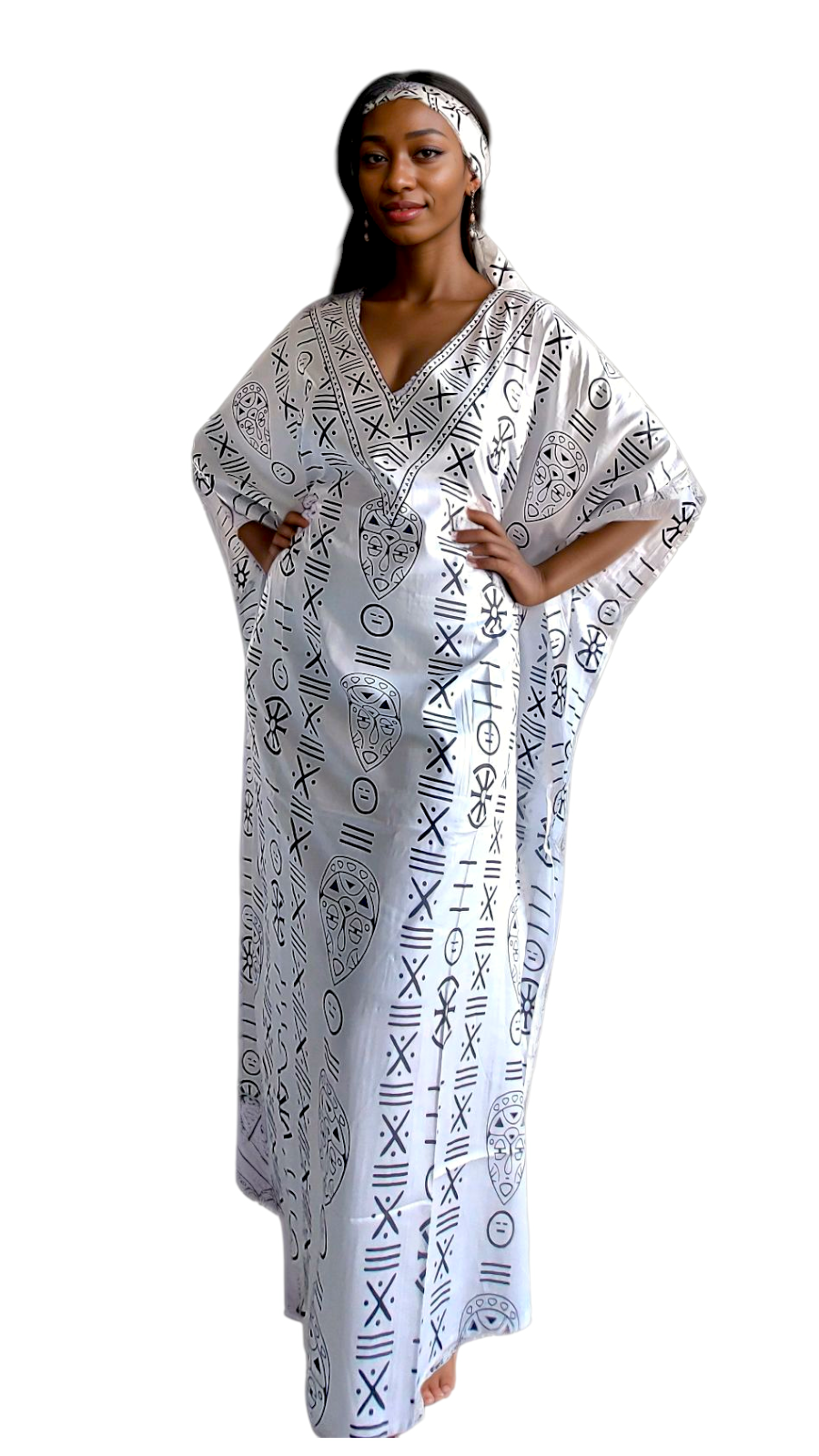 Kaftan Dress / Tribal Print White/Black KF02