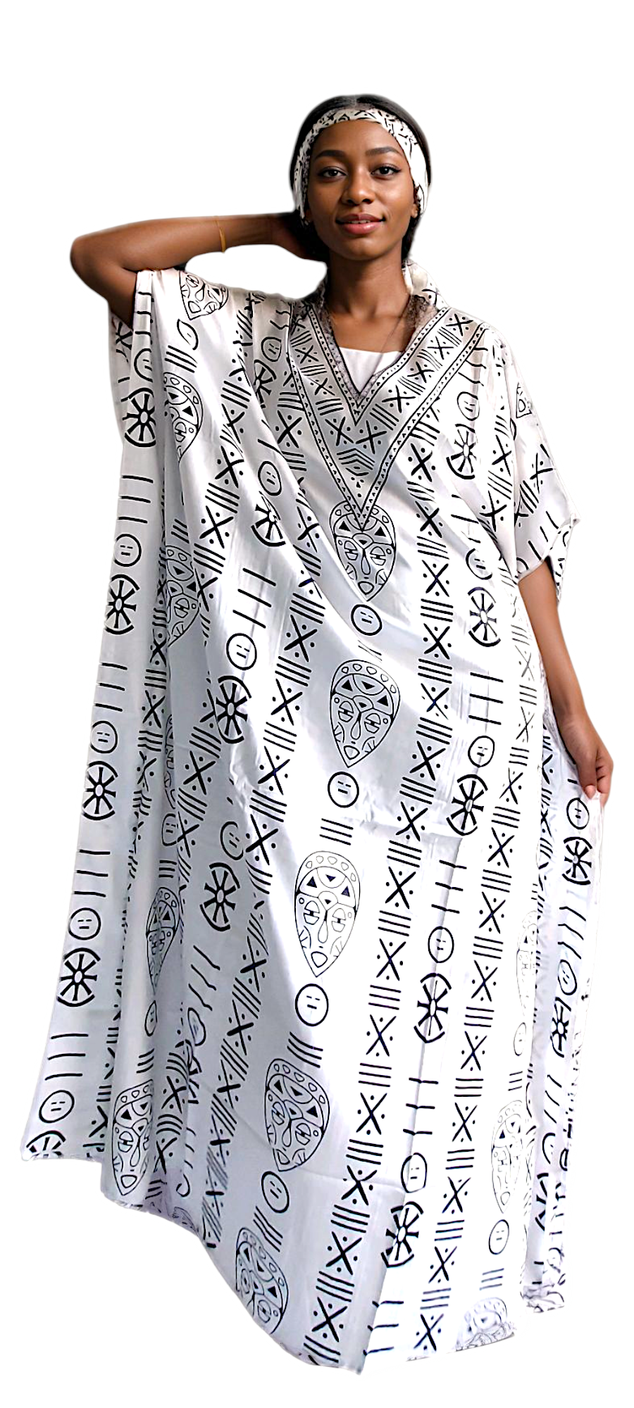 Kaftan Dress / Tribal Print White/Black KF02