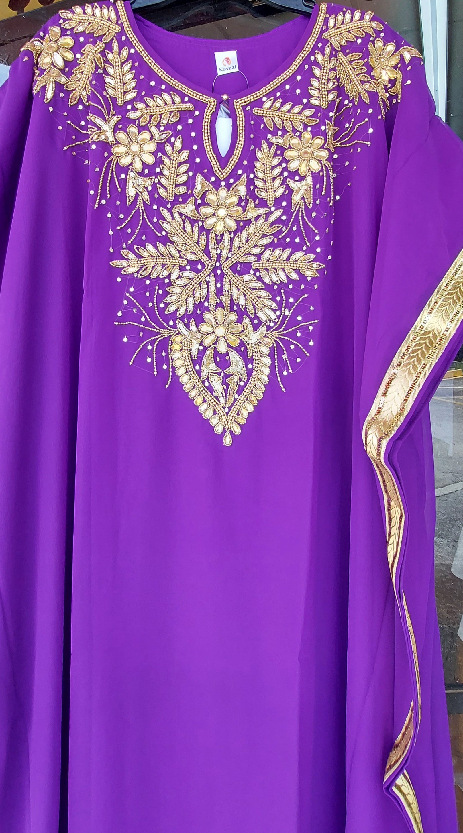 Beaded kaftan Dress With  Border Purple 102
