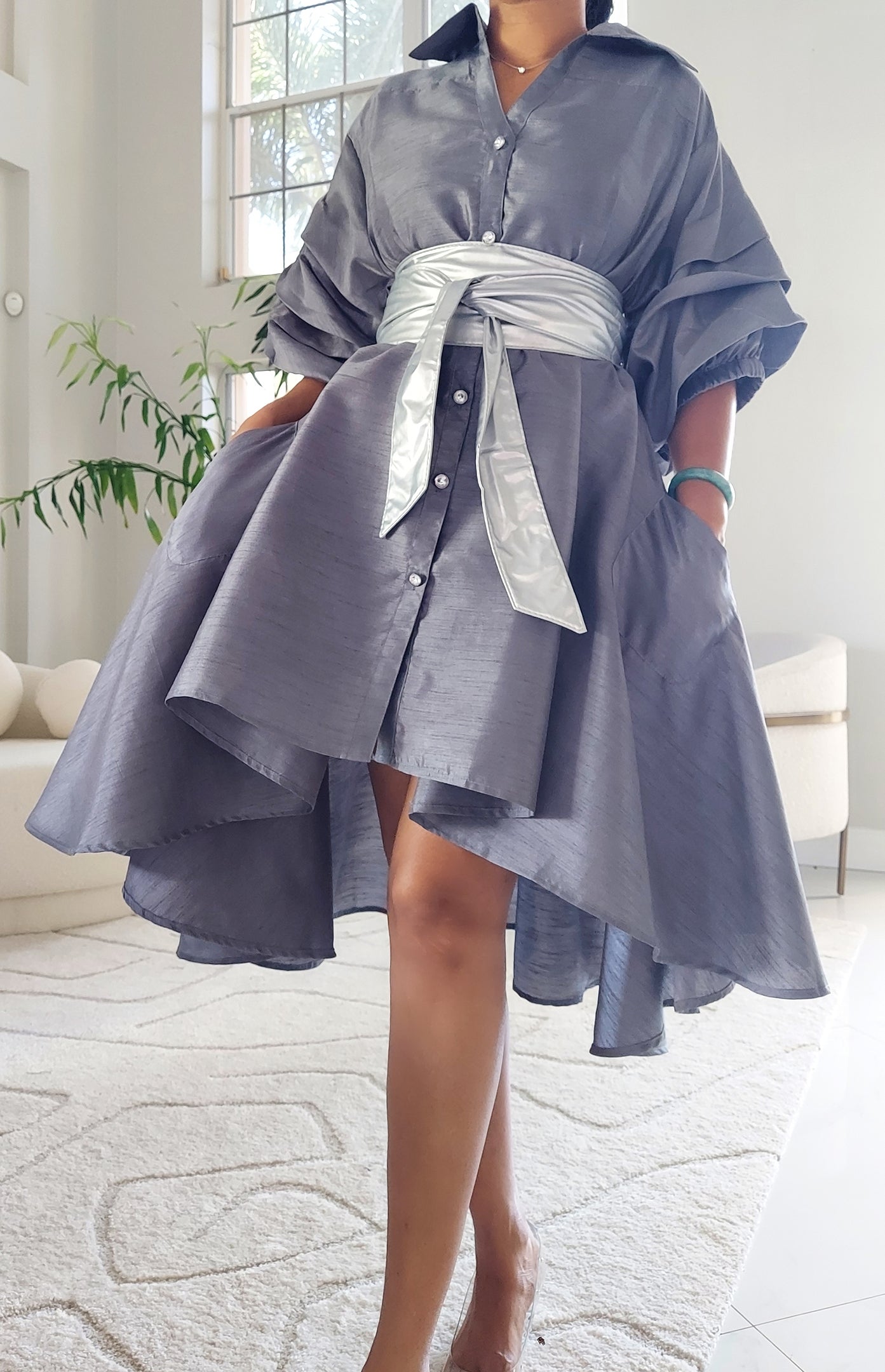 Swing Dress/ Faux Silk/ Ruffle Sleeve - 25013 Grey
