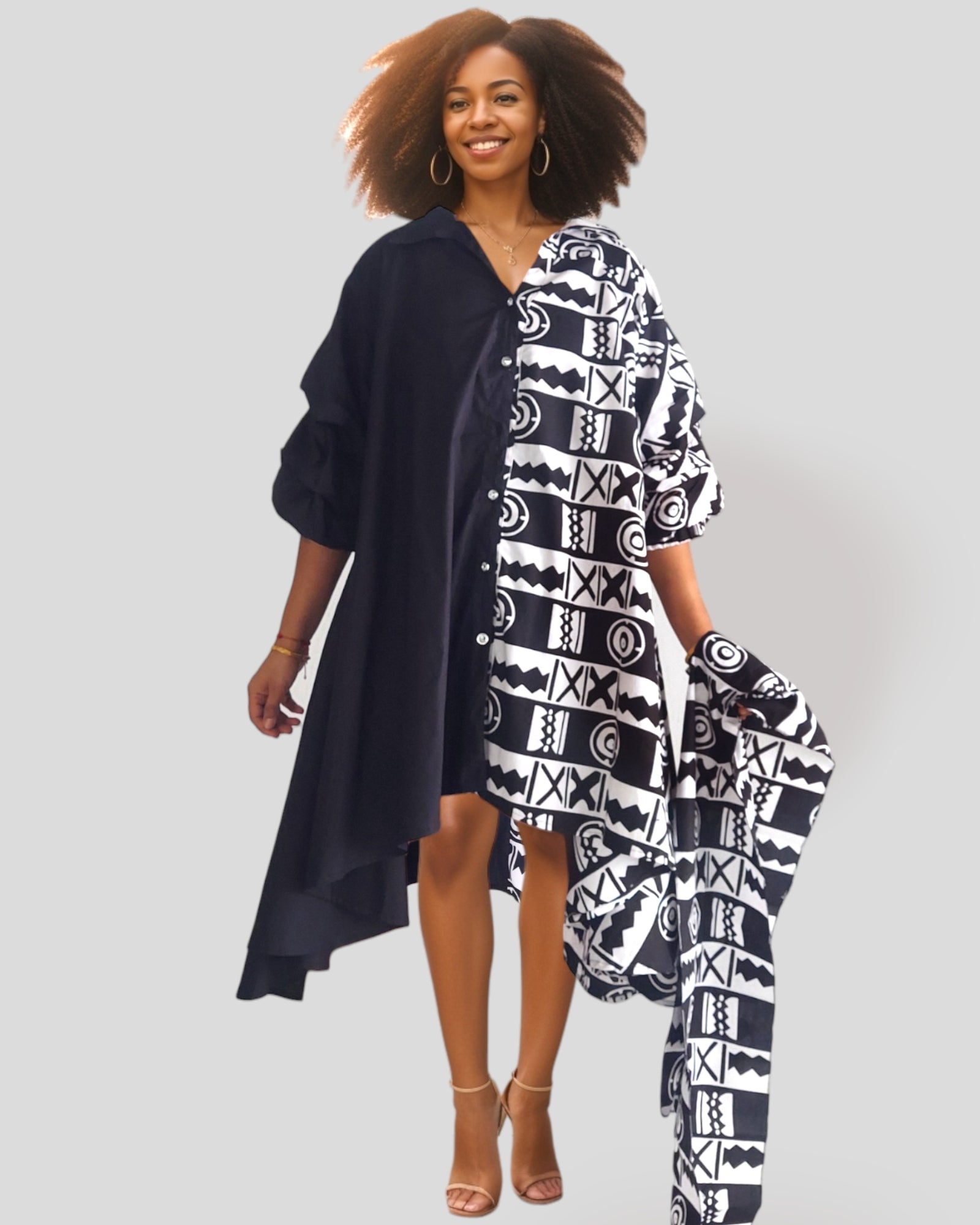 Swing Dress/ Cotton & Polyester/ Ruffle Sleeve - Two Tone