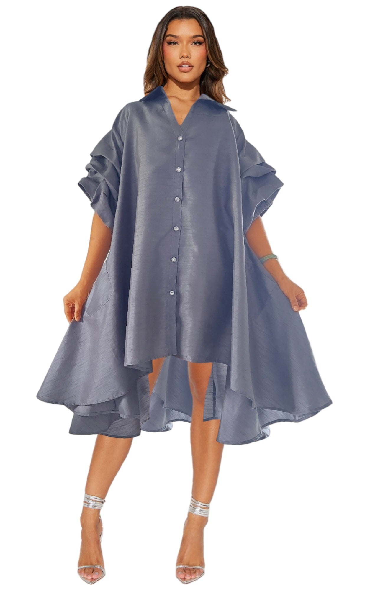 Swing Dress/ Faux Silk/ Ruffle Sleeve - 25013 Grey