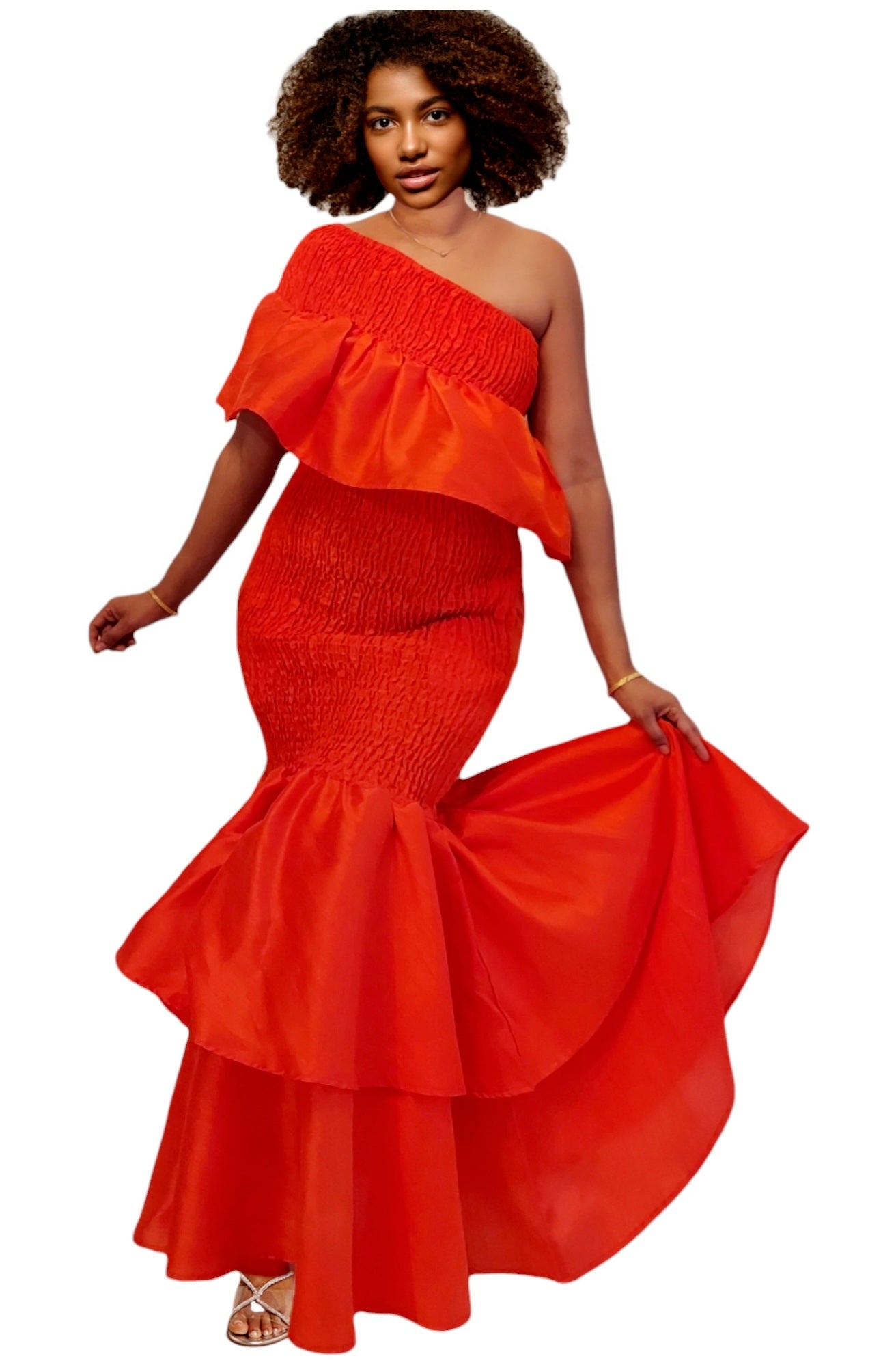 2289 Faux Silk Smock Mermaid Dress - Orange