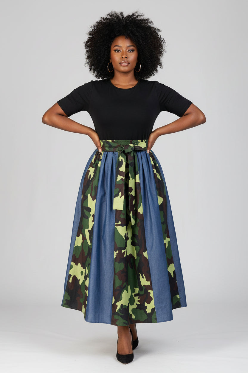 7002 Long Denim / Camouflage Panel Skirt