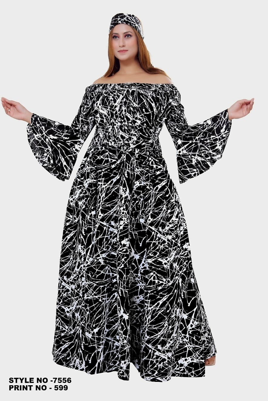 7556 Woman Smocked Waist Long Dress