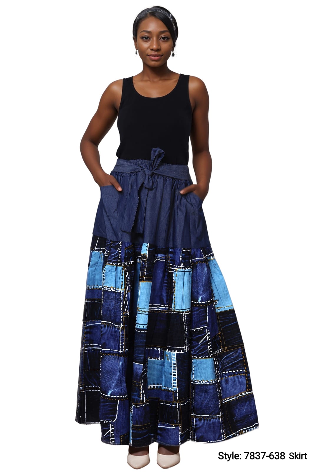 7837 - Long Flared Tiered Skirt- Blue/Denim Print 638