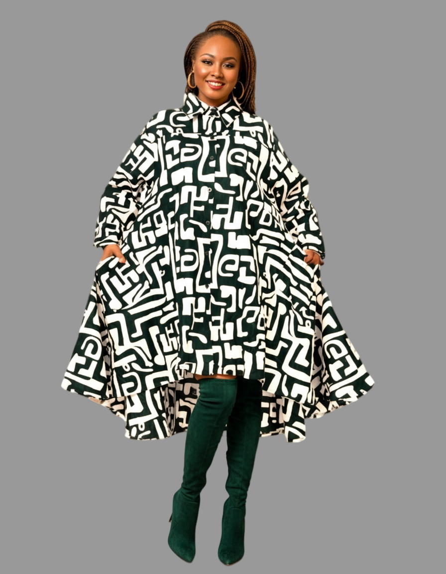 7042- Cotton High Low Swing Dress / Blouse- Geometric Pattern Green