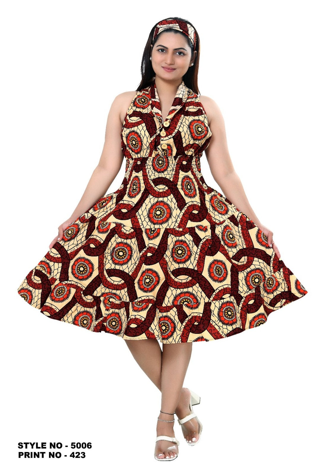 5006 - Woman's Mid-Length Smock Dress With Scarf Print 423