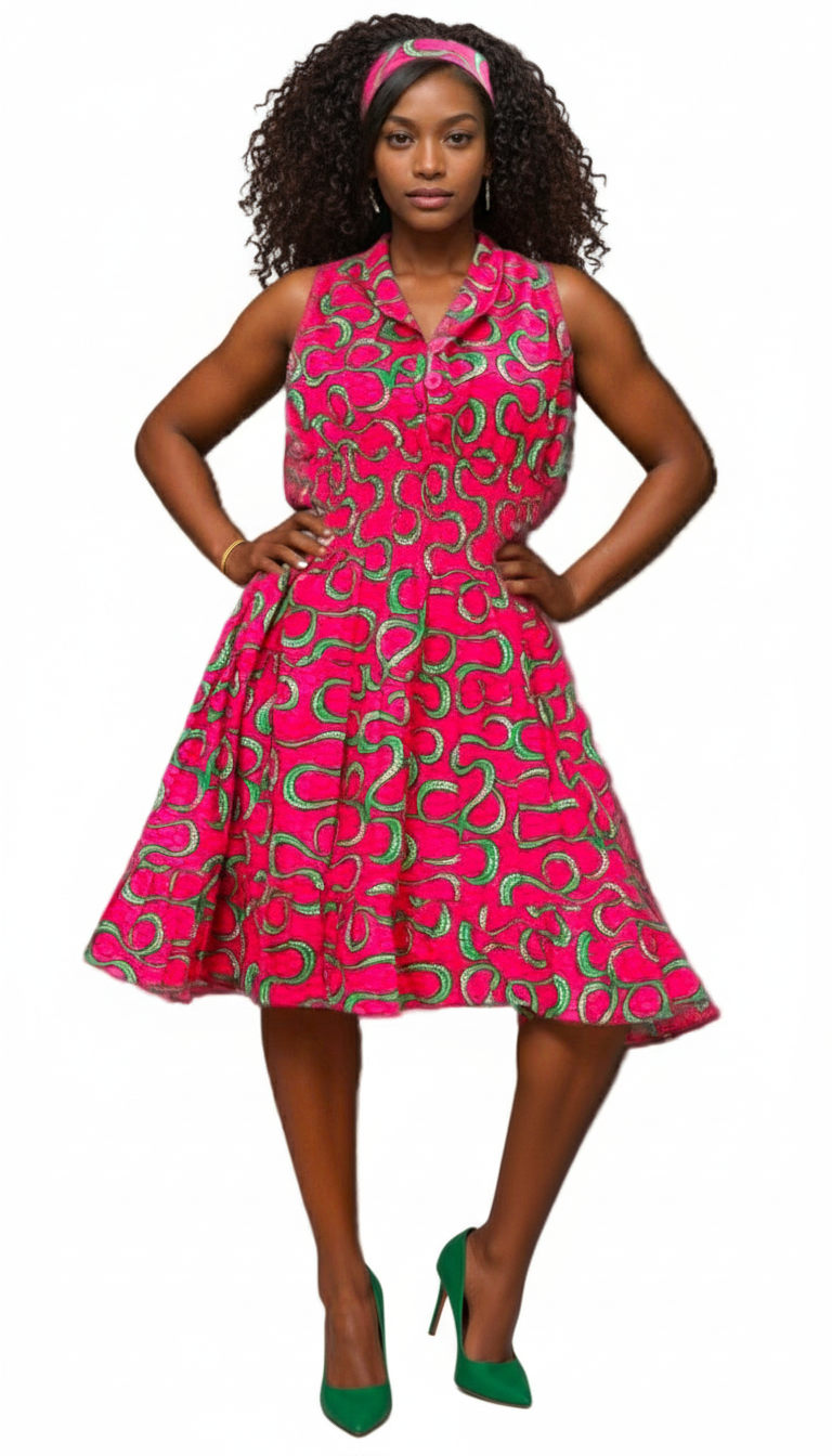 5006 - Woman's Mid-Length Smock Dress With Scarf