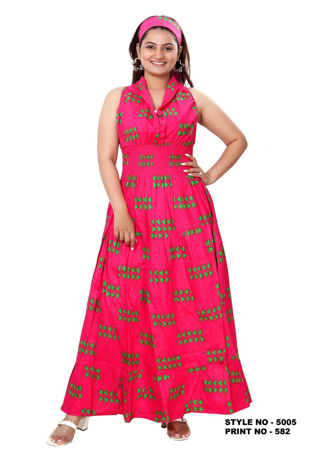 5005 Long Smocked Dress With Scarf Fuchsia - Print 528