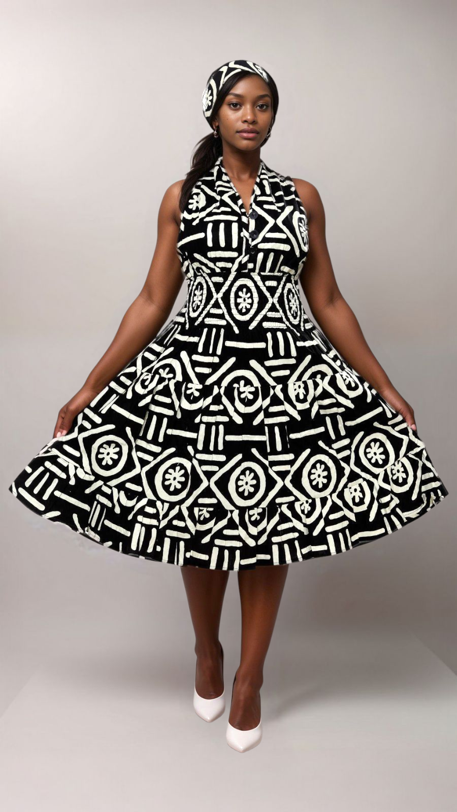 5006 - Woman's Mid-Length Smock Dress With Scarf Print 359