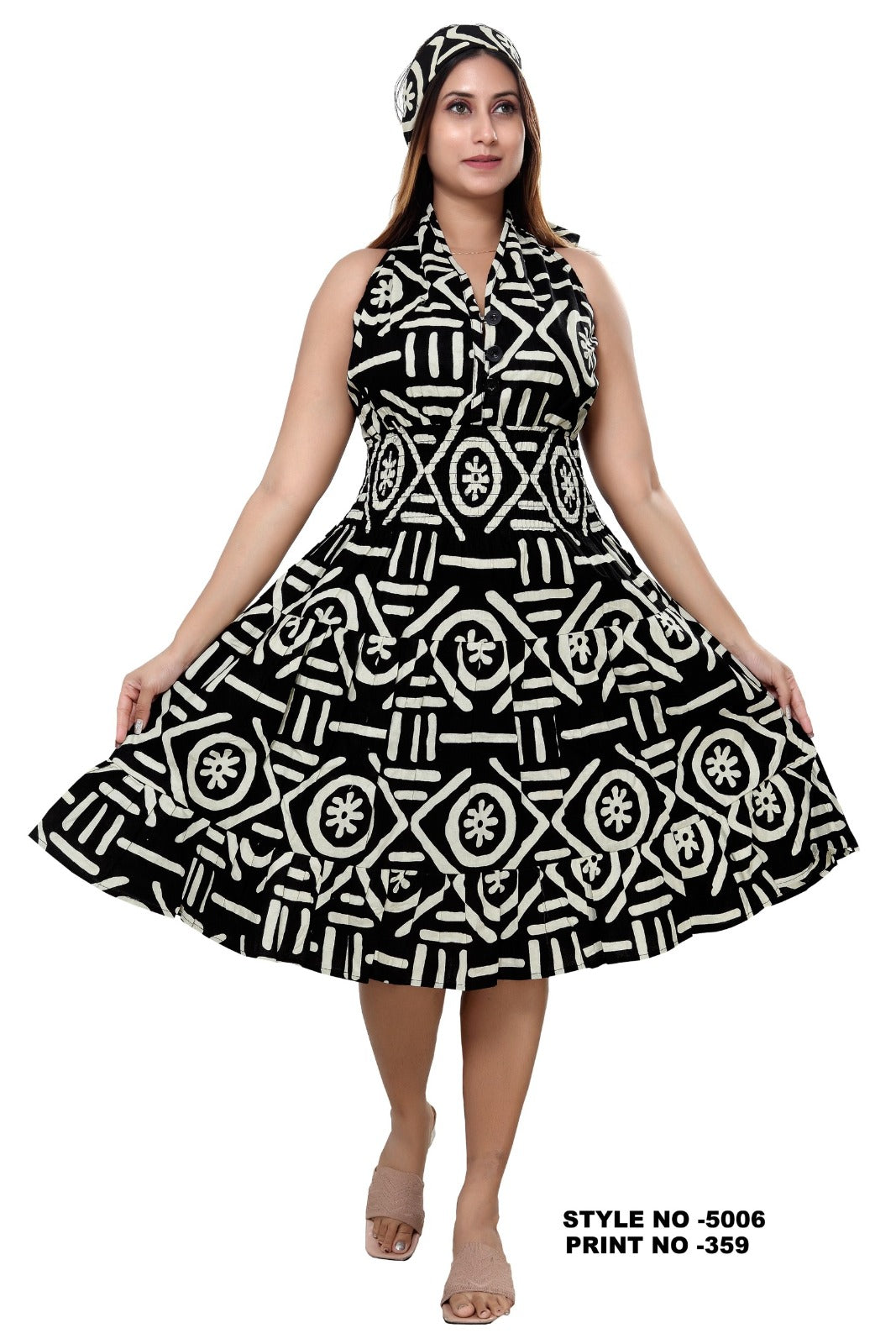 5006 - Woman's Mid-Length Smock Dress With Scarf Print 359