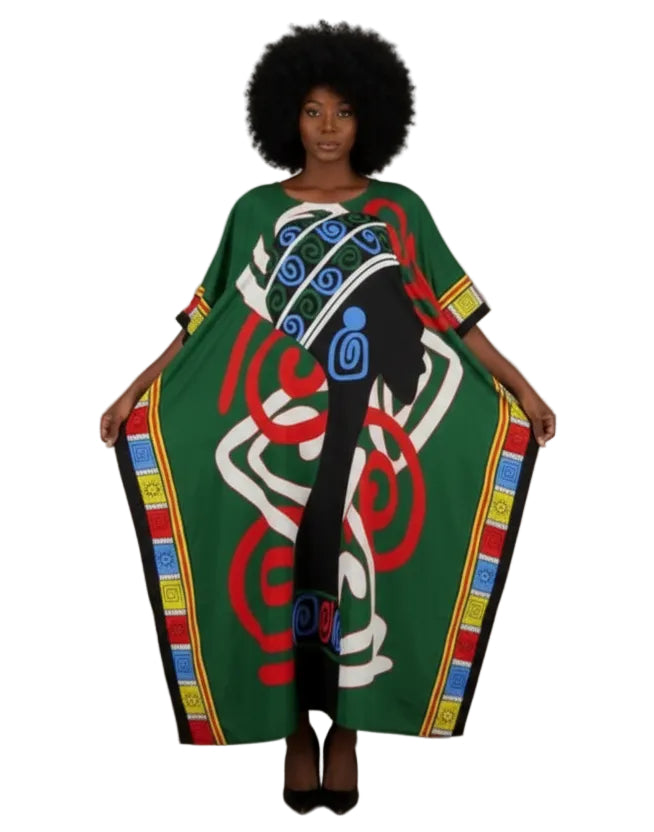 Kaftan Dress /Ethnic Print Green - 006