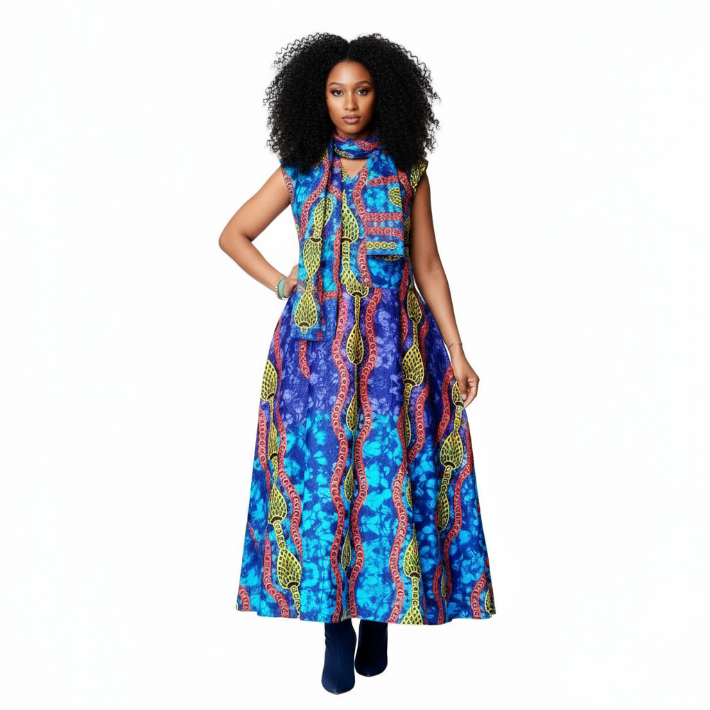 1045-Sleeveless Wrap Dress-Blue Multi A