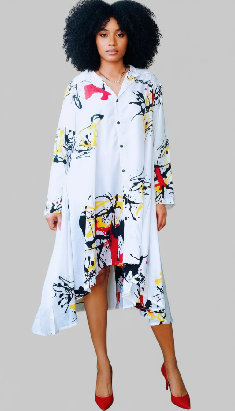Swing Dress/ Printed Hi/Lo Shirt Dress /White-20666