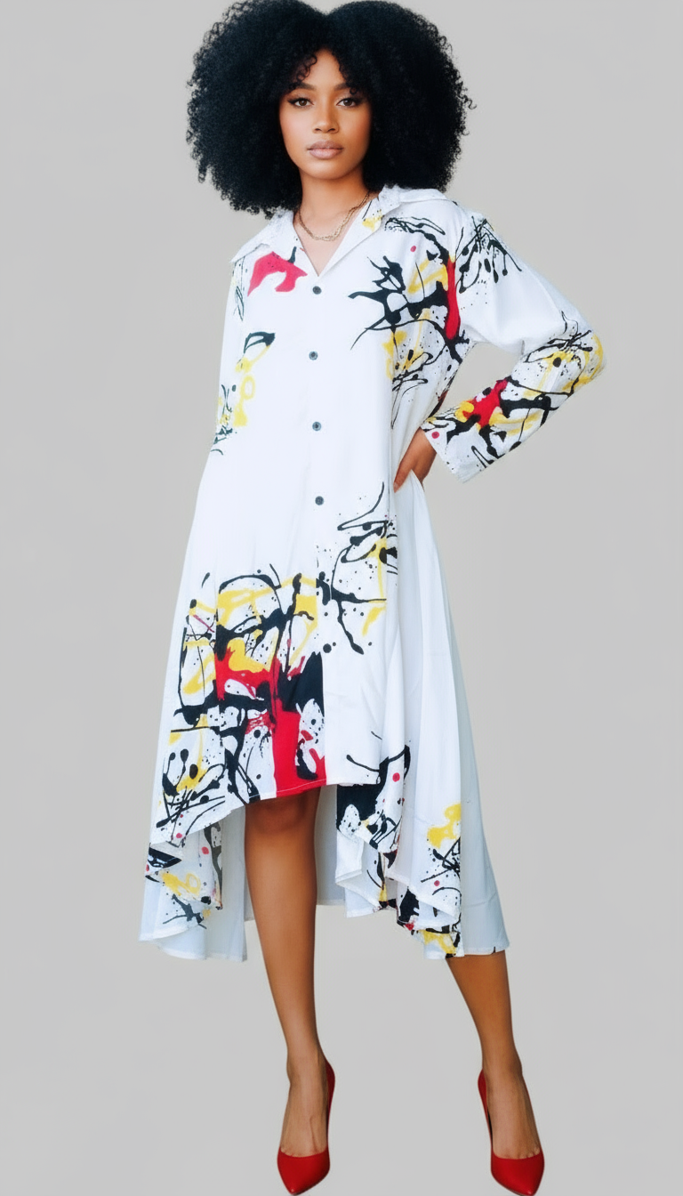 Swing Dress/ Printed Hi/Lo Shirt Dress /White-20666