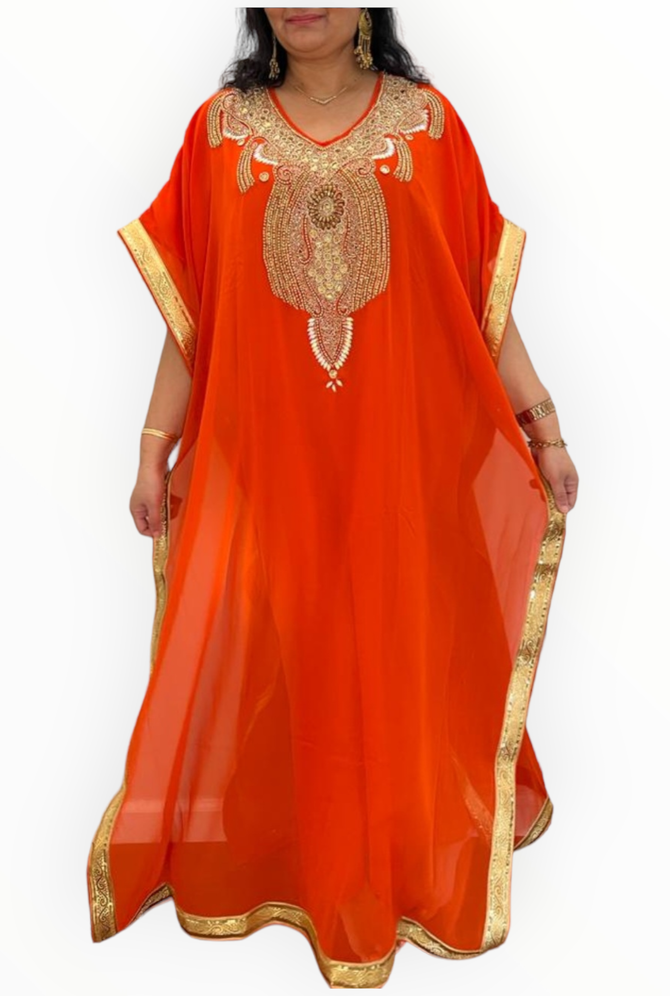 Beaded kaftan Dress With  Border Orange