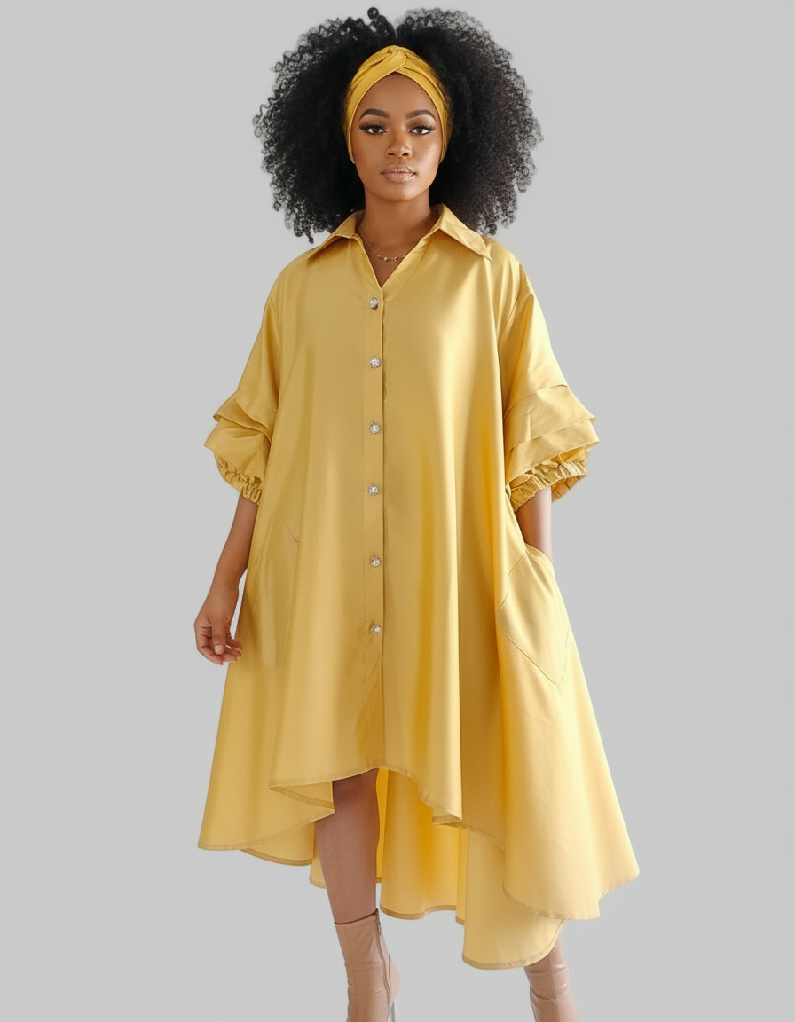 Swing Dress/ Faux Silk/ Ruffle Sleeve - 25013 Beige