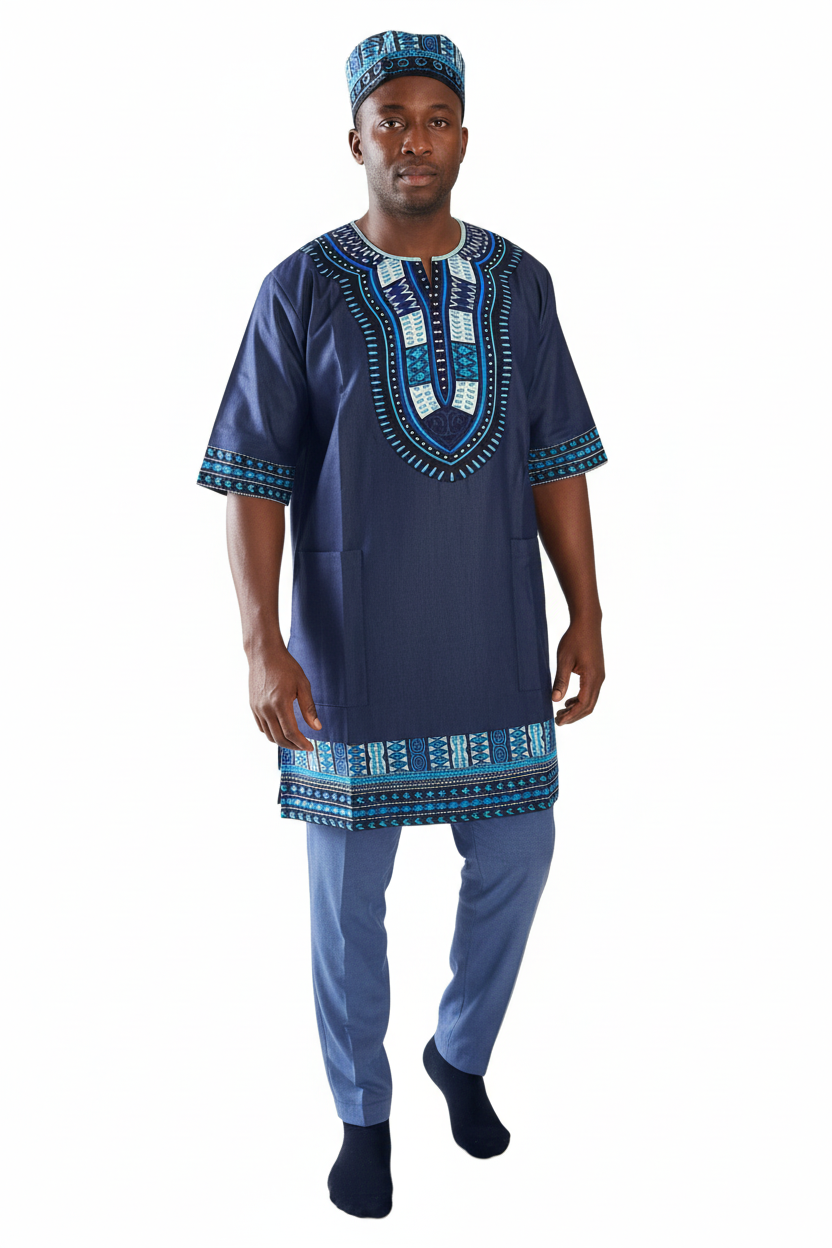 Tunic Shirt / Men/ Unisex/Denim Dashiki With Kufi Hat- Blue 106