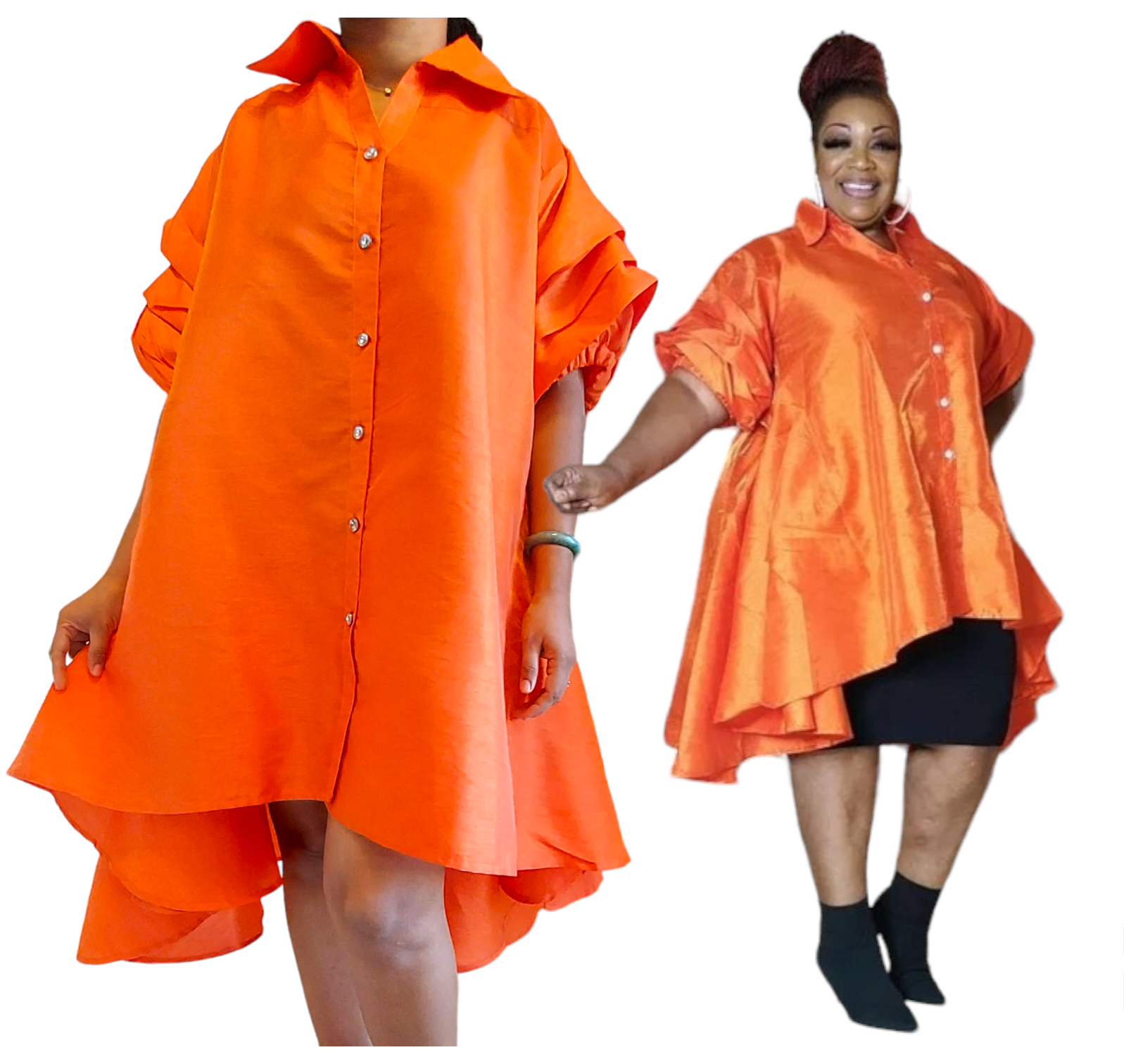 Swing Dress/ Faux Silk/ Ruffle Sleeve - 25013 Orange