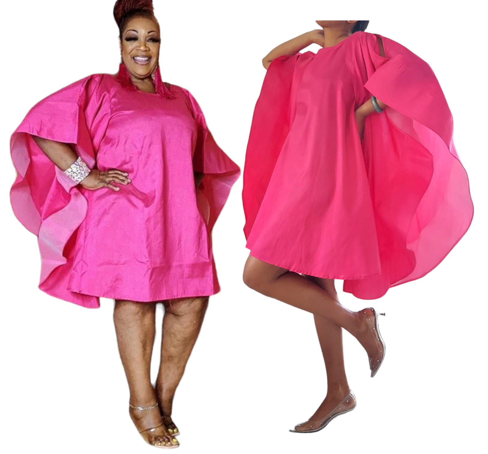 Wing Dress/Faux Silk/Poncho Dress/ Wing Sleeves-25032 Fuchsia