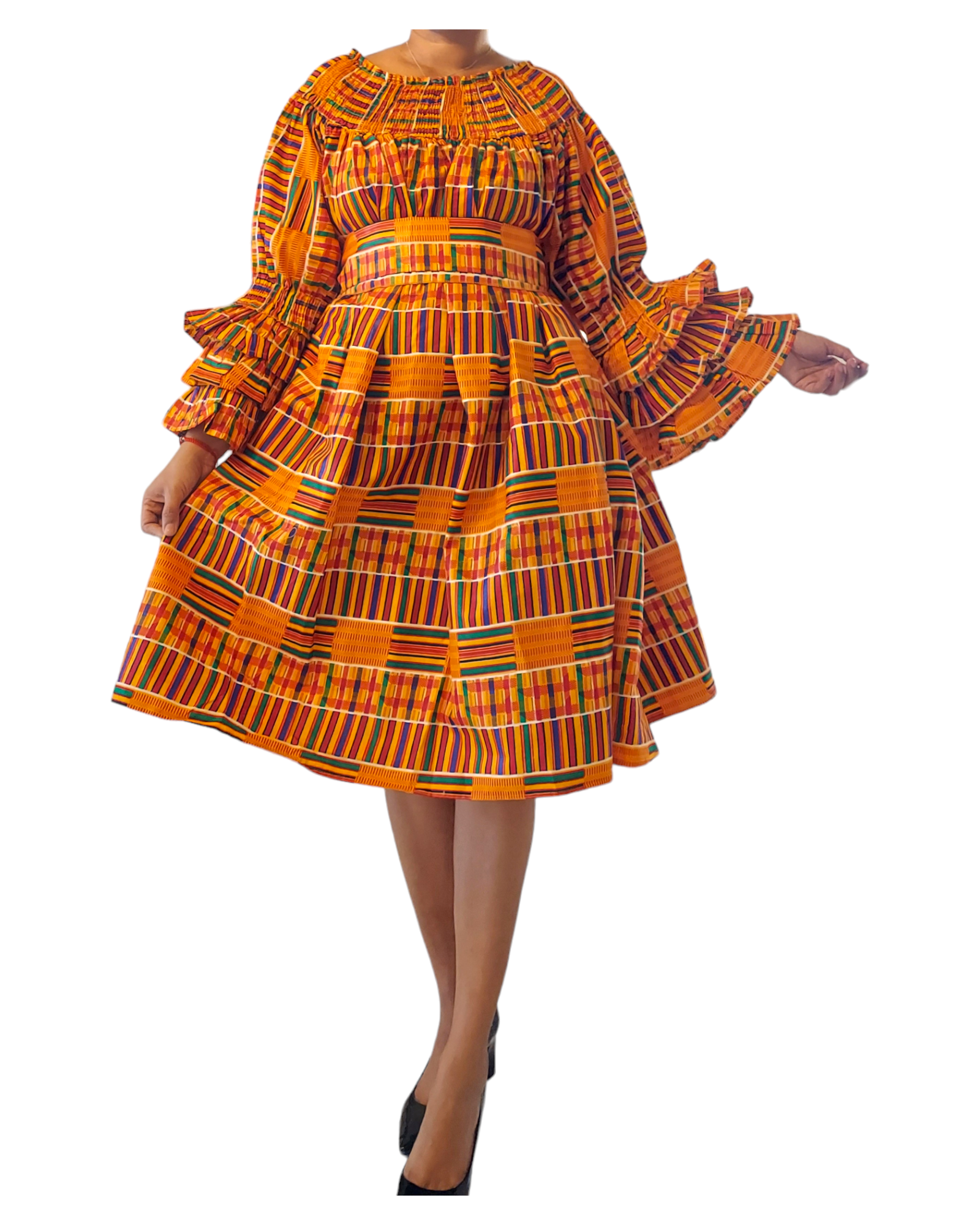018- Women Middi Off Shoulder African Kente Dress - Orange