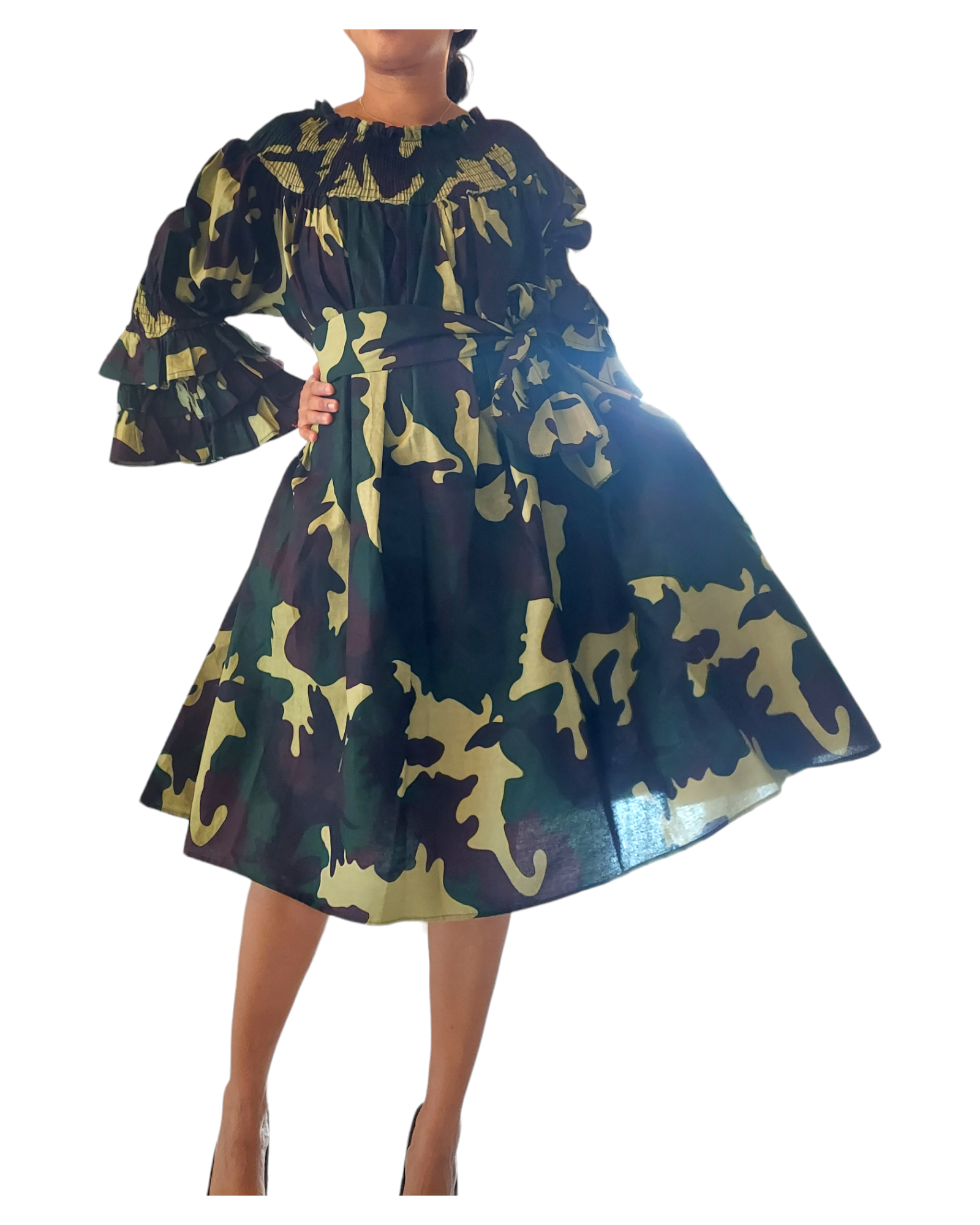 018- Women Middi Off Shoulder Dress - Green Camoflage